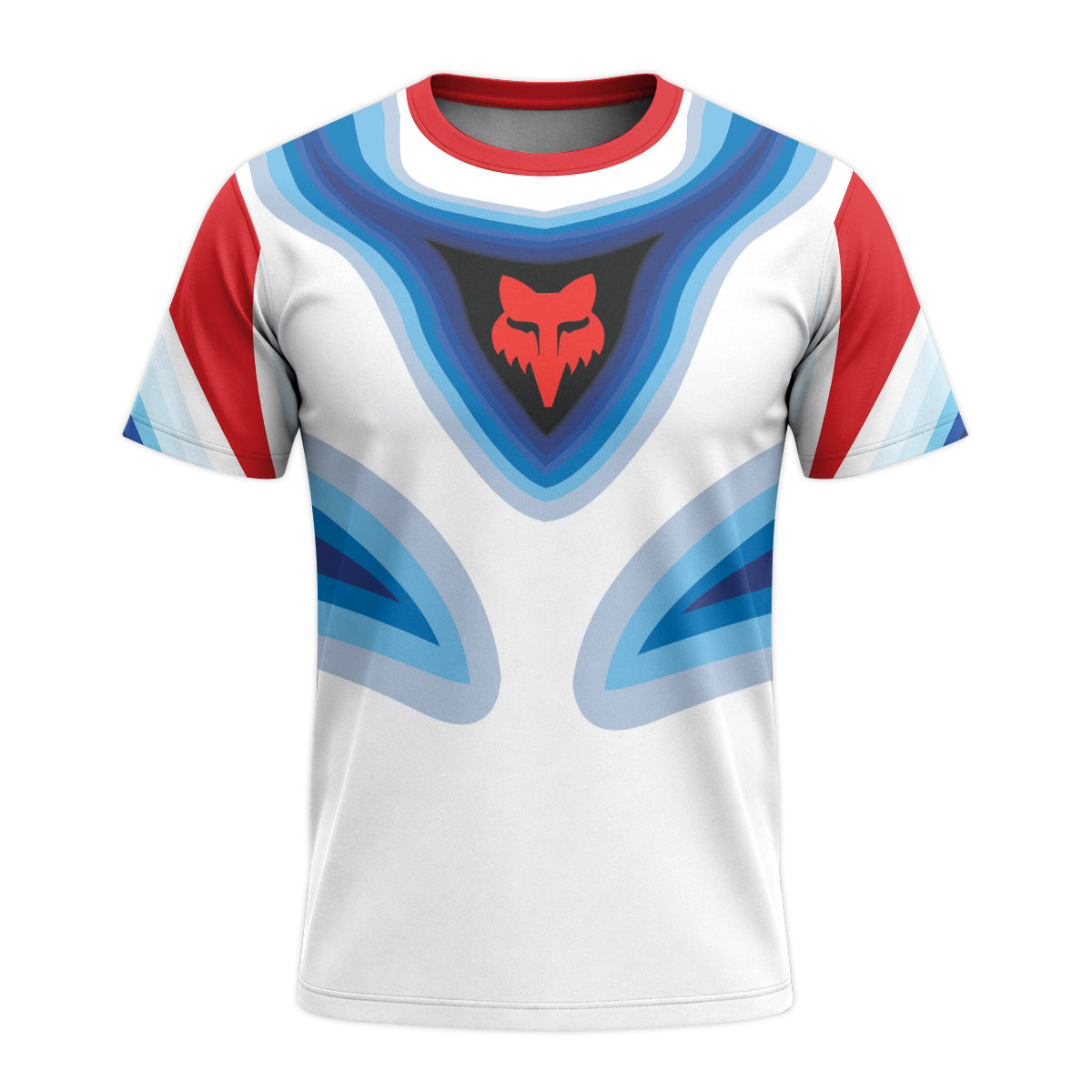 Fox Trek Blue White Red Abstract Short Sleeve Mountain Bike Jersey - front view mockup