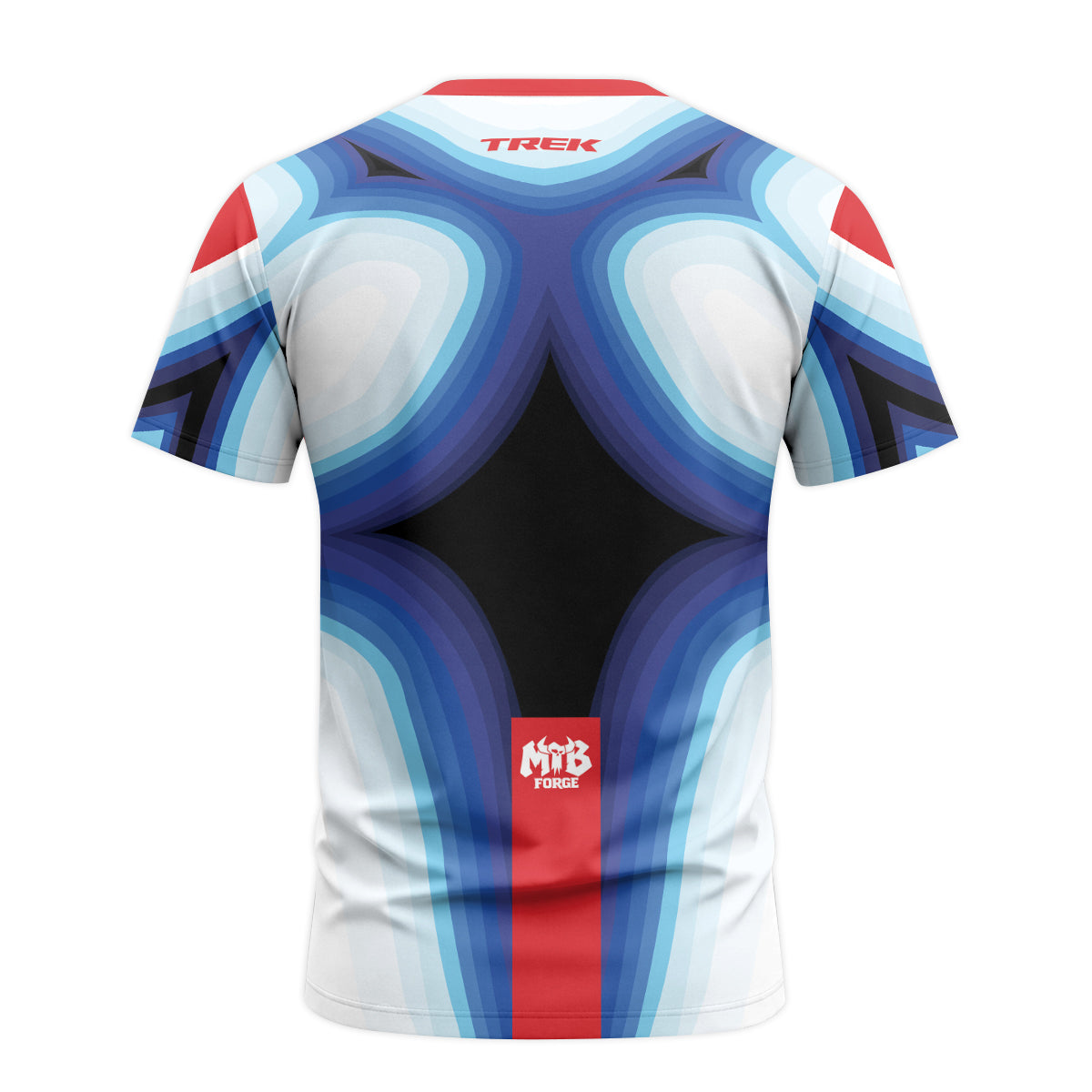 Fox Trek Blue White Red Abstract Short Sleeve Mountain Bike Jersey - back view mockup
