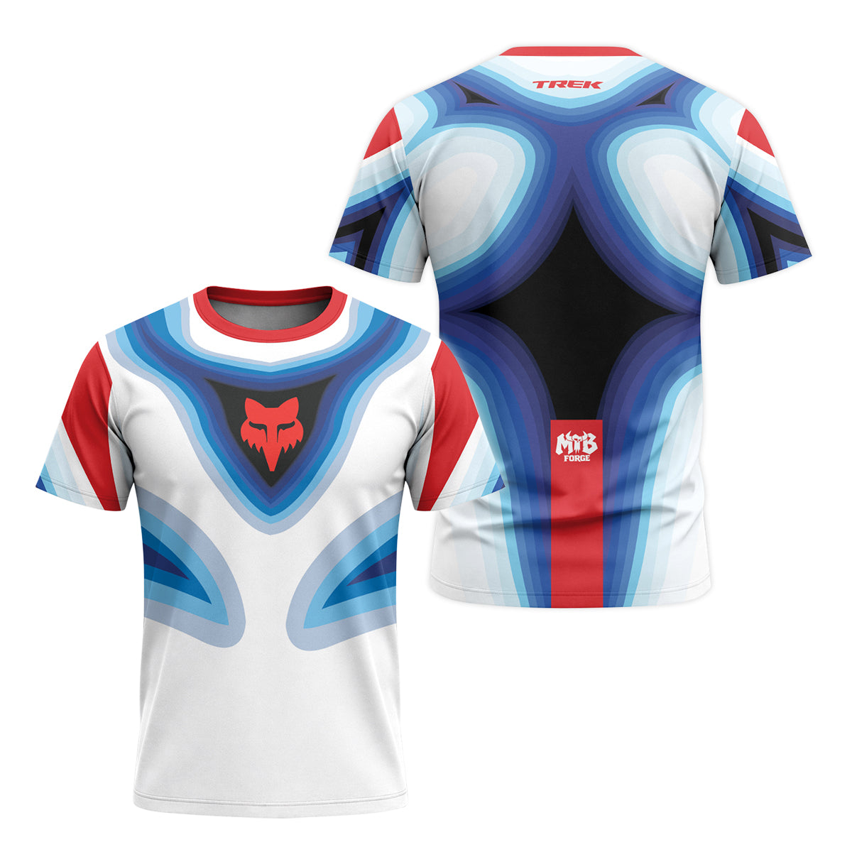 Fox Trek Blue White Red Abstract Short Sleeve Mountain Bike Jersey - front and back view