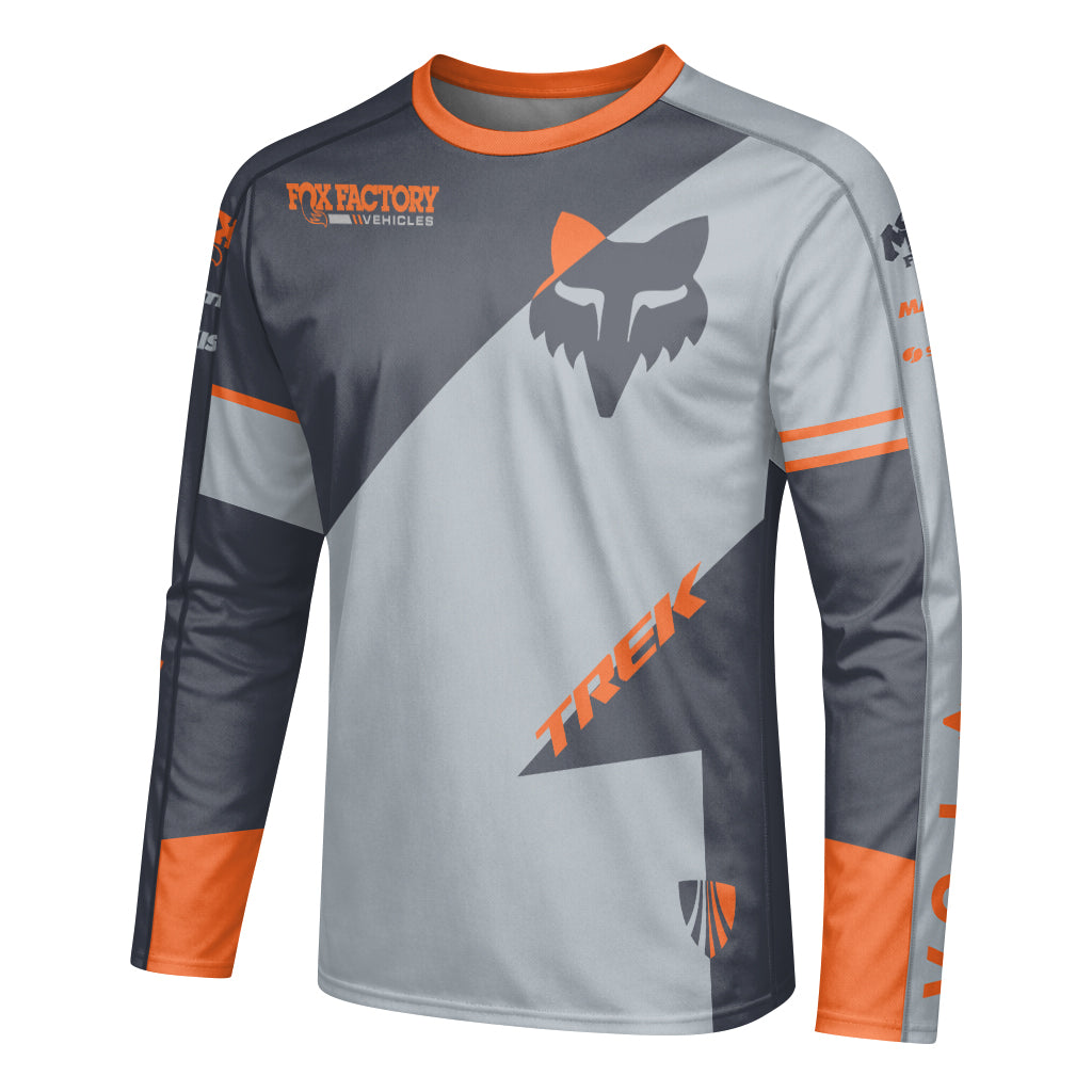 Fox Trek Gray Orange Long Sleeve Mountain Bike Jersey - left side mockup