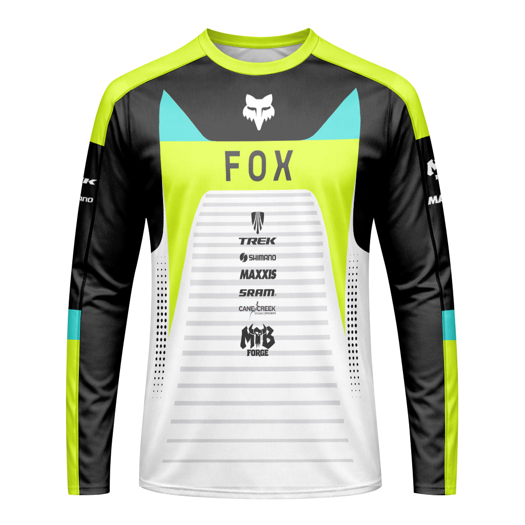 Fox Trek Neon Yellow White Long Sleeve Mountain Bike Jersey - front view mockup