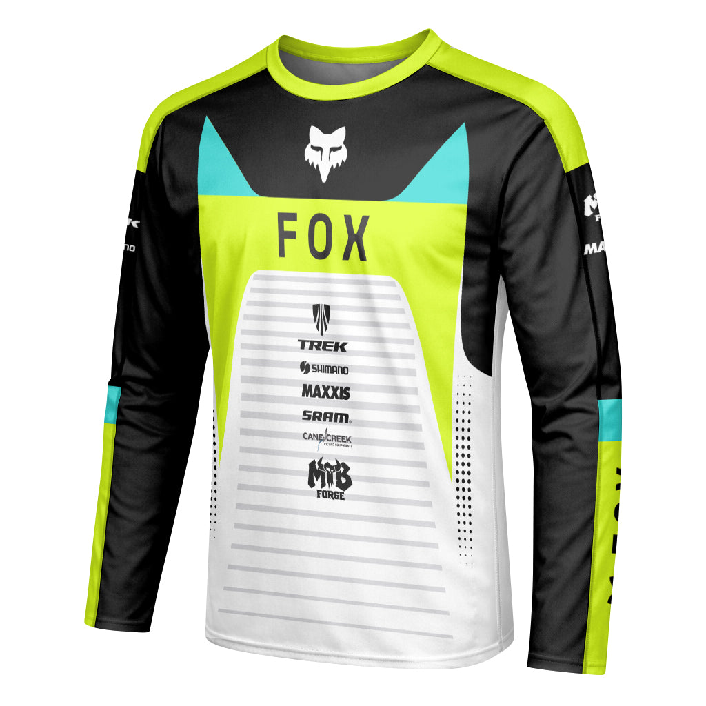Fox Trek Neon Yellow White Long Sleeve Mountain Bike Jersey - left side mockup