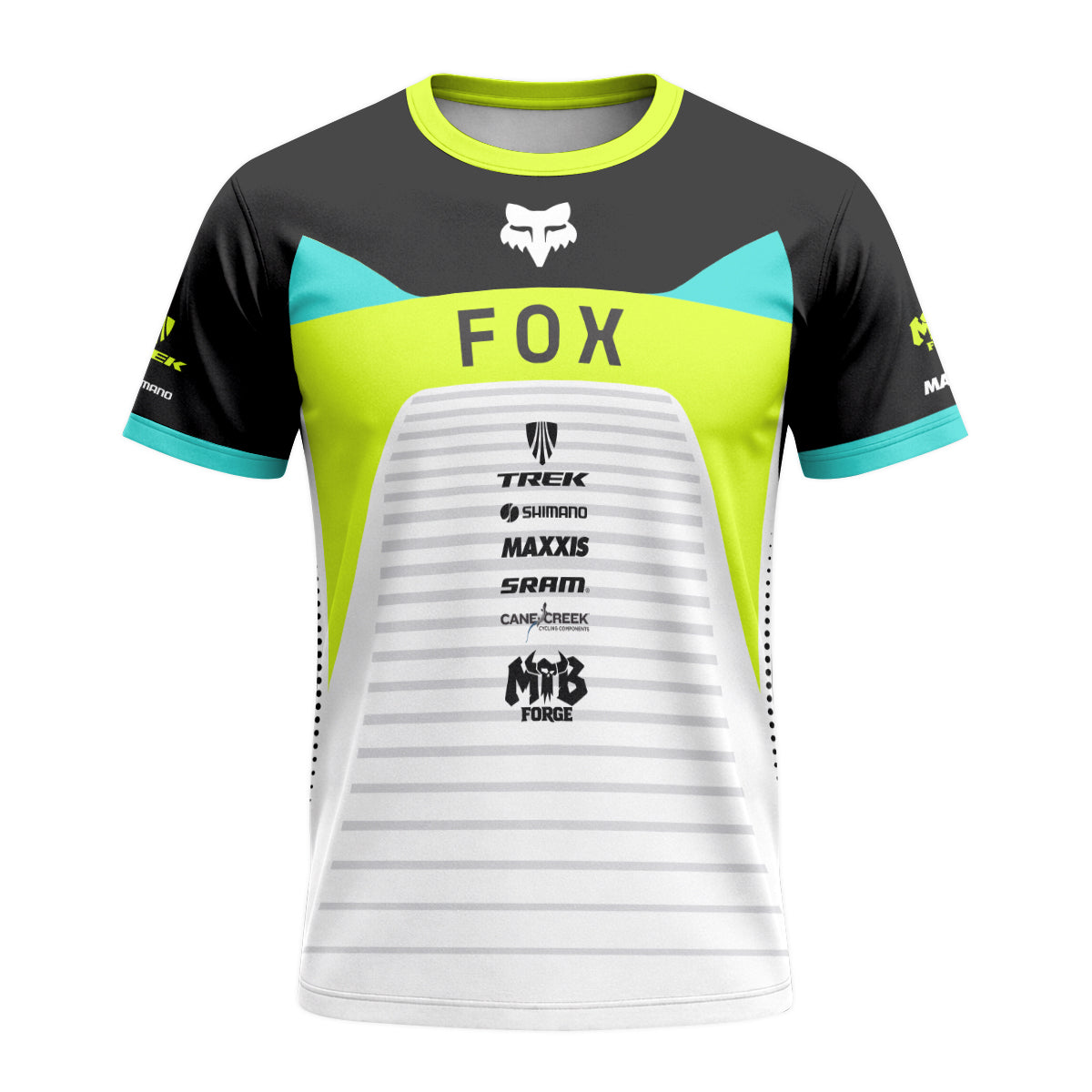 Fox Trek Neon Yellow White Short Sleeve Mountain Bike Jersey - front view mockup