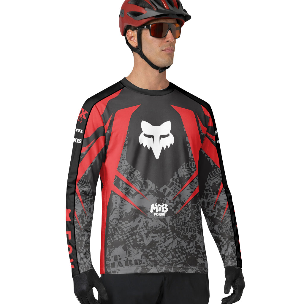 Fox Trek Red Black Graphic Long Sleeve Mountain Bike Jersey - lifestyle view