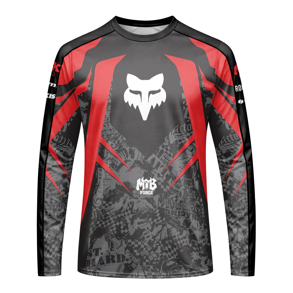 Fox Trek Red Black Graphic Long Sleeve Mountain Bike Jersey - front view mockup