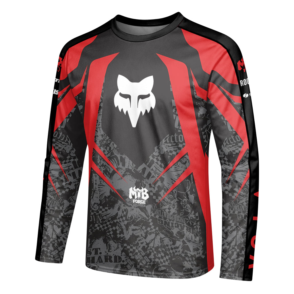 Fox Trek Red Black Graphic Long Sleeve Mountain Bike Jersey - left side mockup