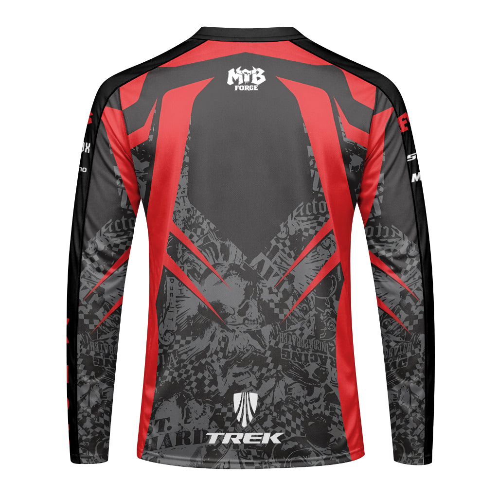 Fox Trek Red Black Graphic Long Sleeve Mountain Bike Jersey - back view mockup