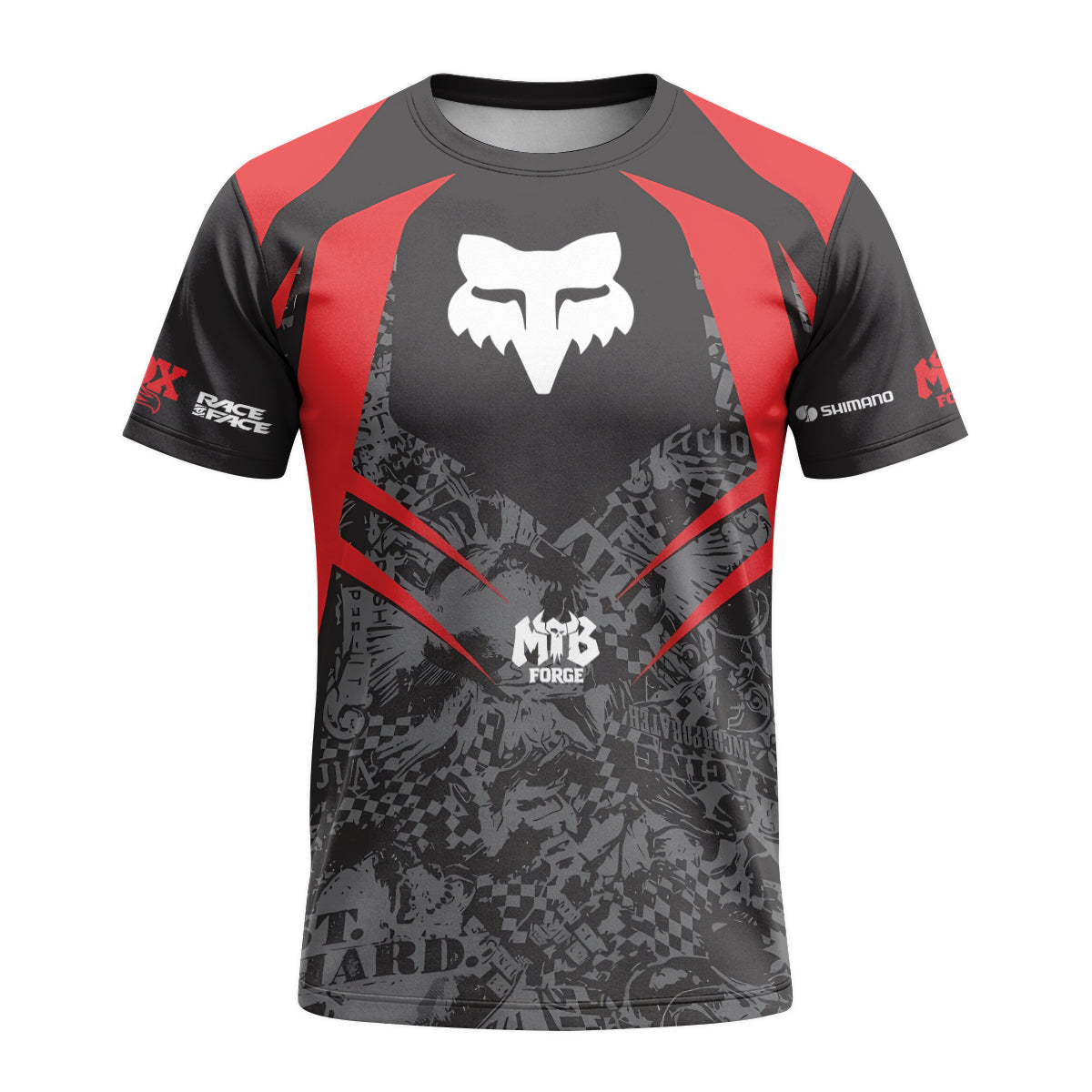 Fox Trek Red Black Graphic Short Sleeve Mountain Bike Jersey - front view mockup