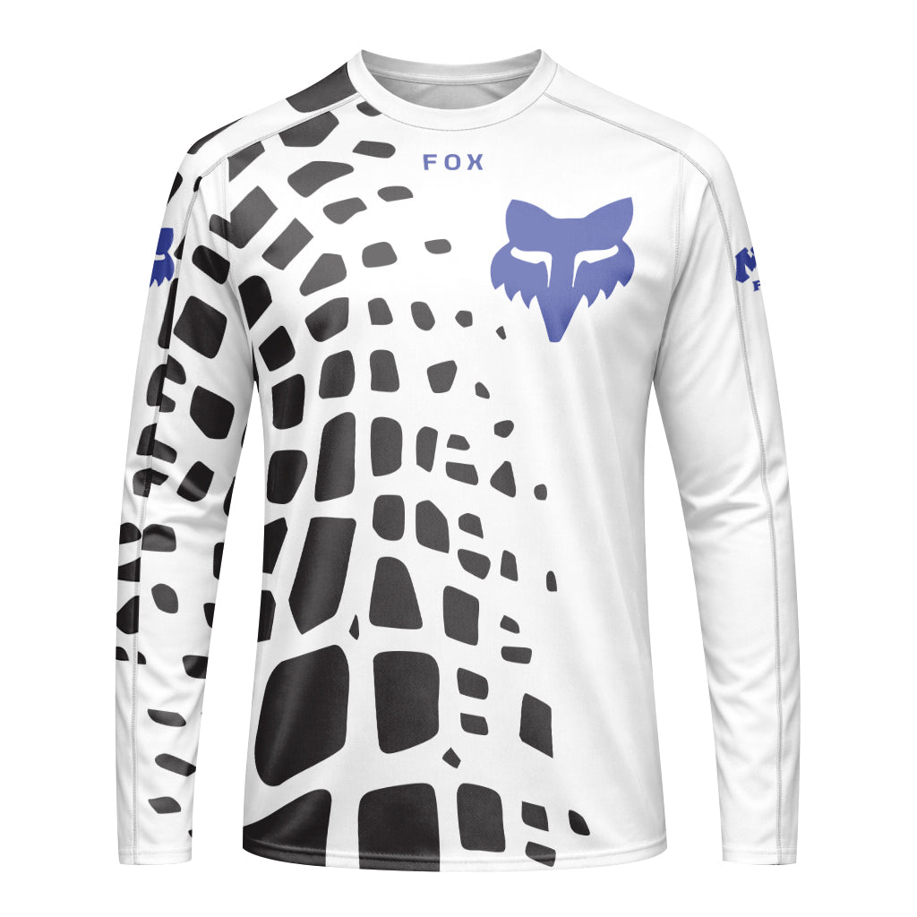 Fox White Black Abstract Long Sleeve Mountain Bike Jersey - front view mockup