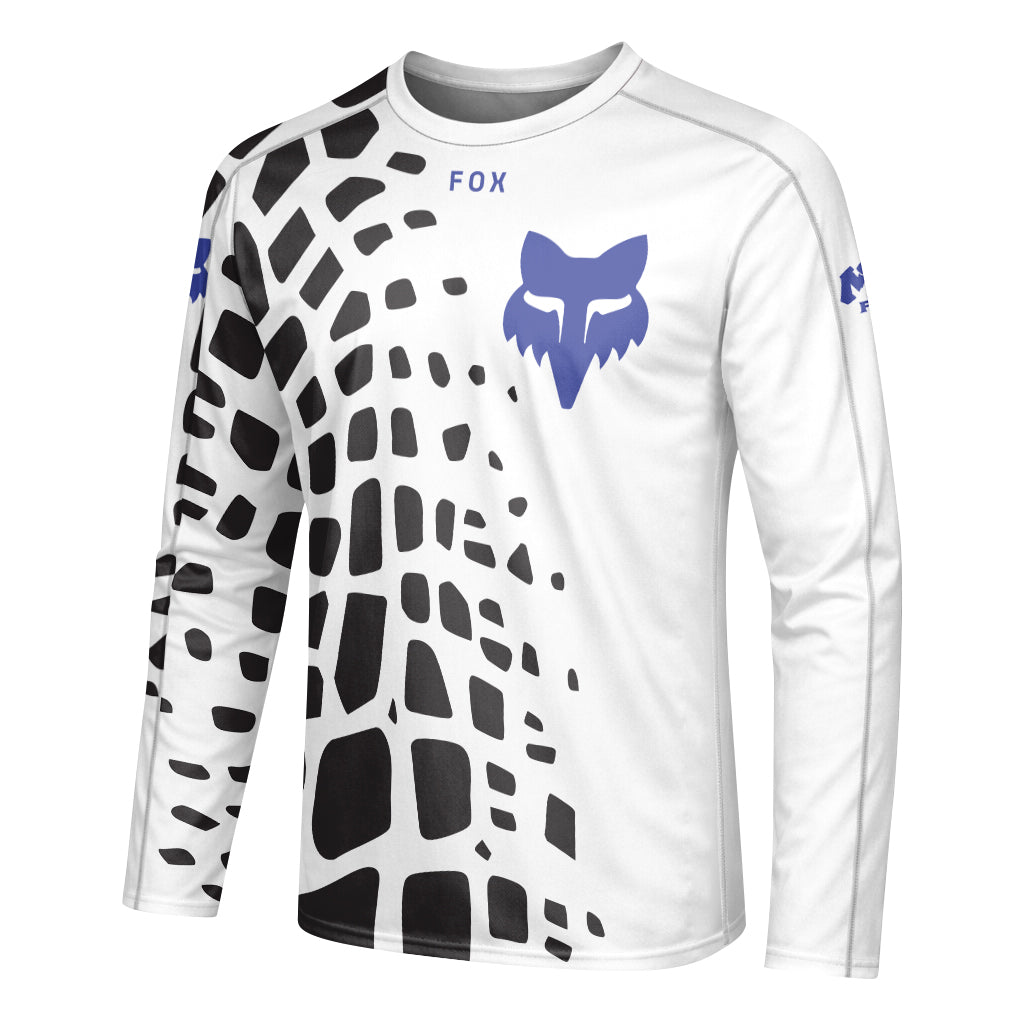 Fox White Black Abstract Long Sleeve Mountain Bike Jersey - left side mockup