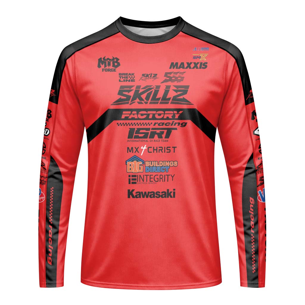 Friese #719 SKILZ Factory Racing Red Long Sleeve Motocross Jersey – Front View Mockup