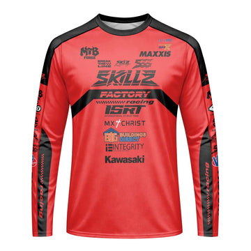Friese #719 SKILZ Factory Racing Red Long Sleeve Motocross Jersey – Front View Mockup