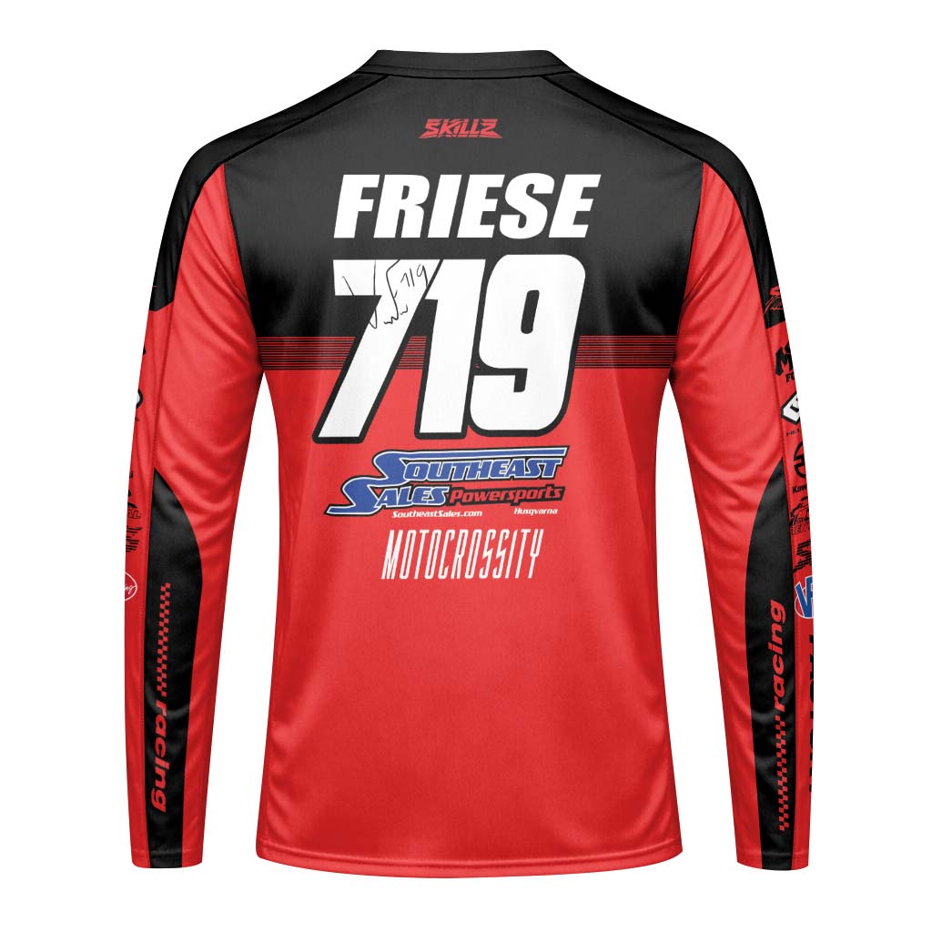 Friese #719 SKILZ Factory Racing Red Long Sleeve Motocross Jersey – Back View Mockup