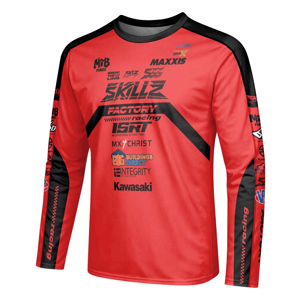 Friese #719 SKILZ Factory Racing Red Long Sleeve Motocross Jersey – Left Side View Mockup