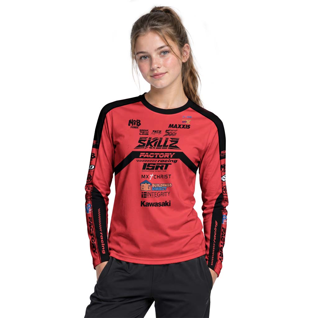 Friese #719 SKILZ Factory Racing Red Youth Long Sleeve Motocross Jersey – Girl Lifestyle View