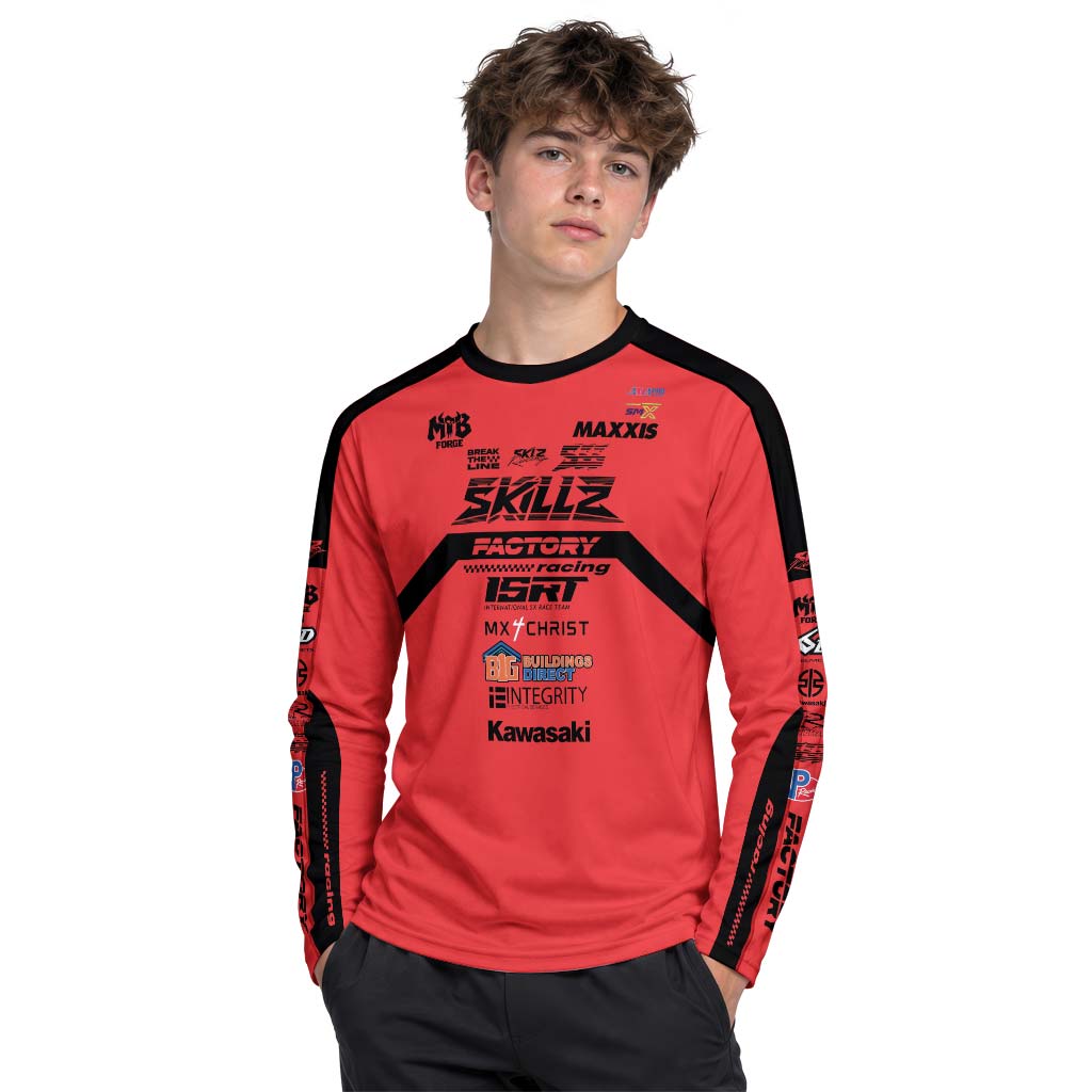 Friese #719 SKILZ Factory Racing Red Youth Long Sleeve Motocross Jersey – Boy Lifestyle View