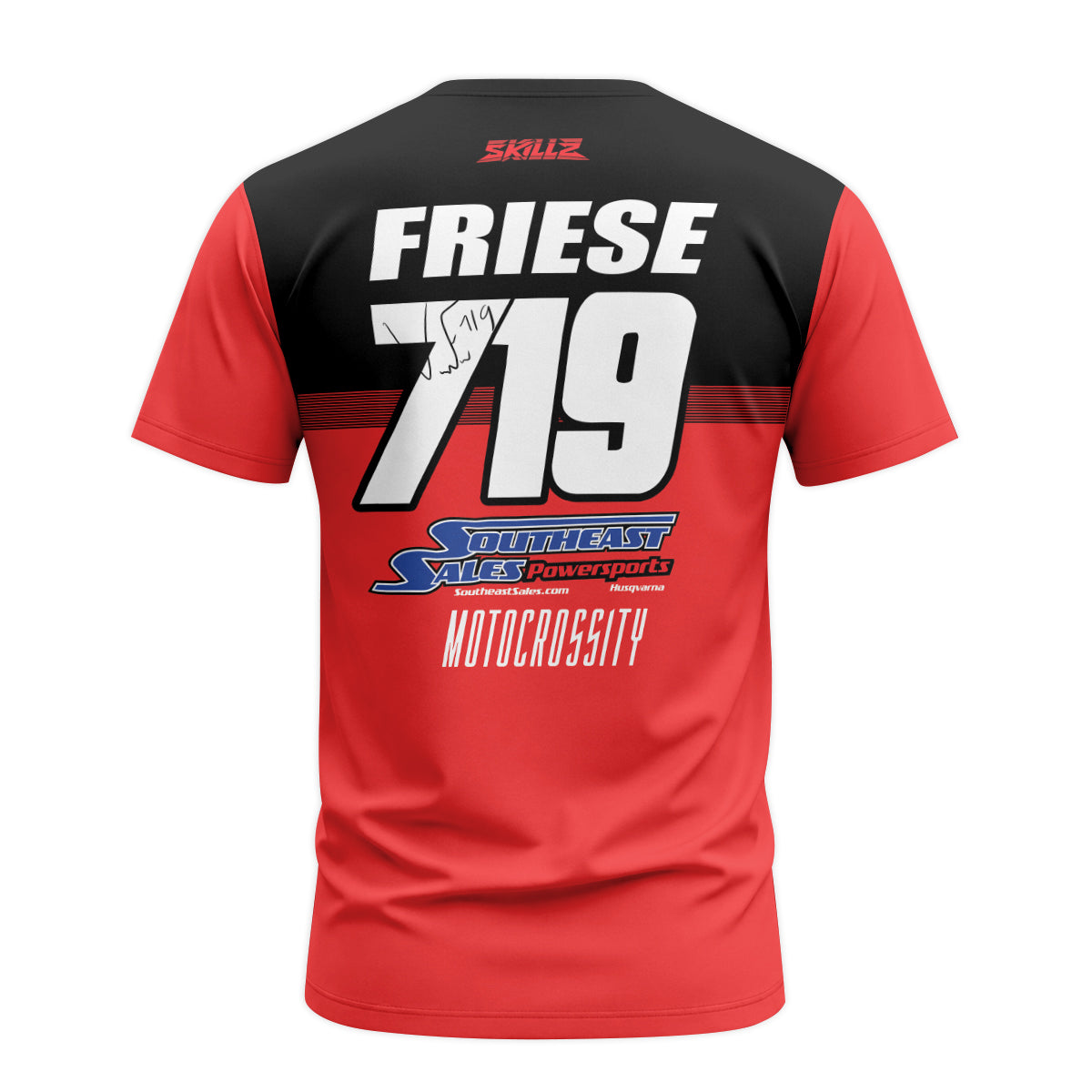 Friese #719 SKILZ Factory Racing Red Youth Short Sleeve Motocross Jersey – Back View Mockup