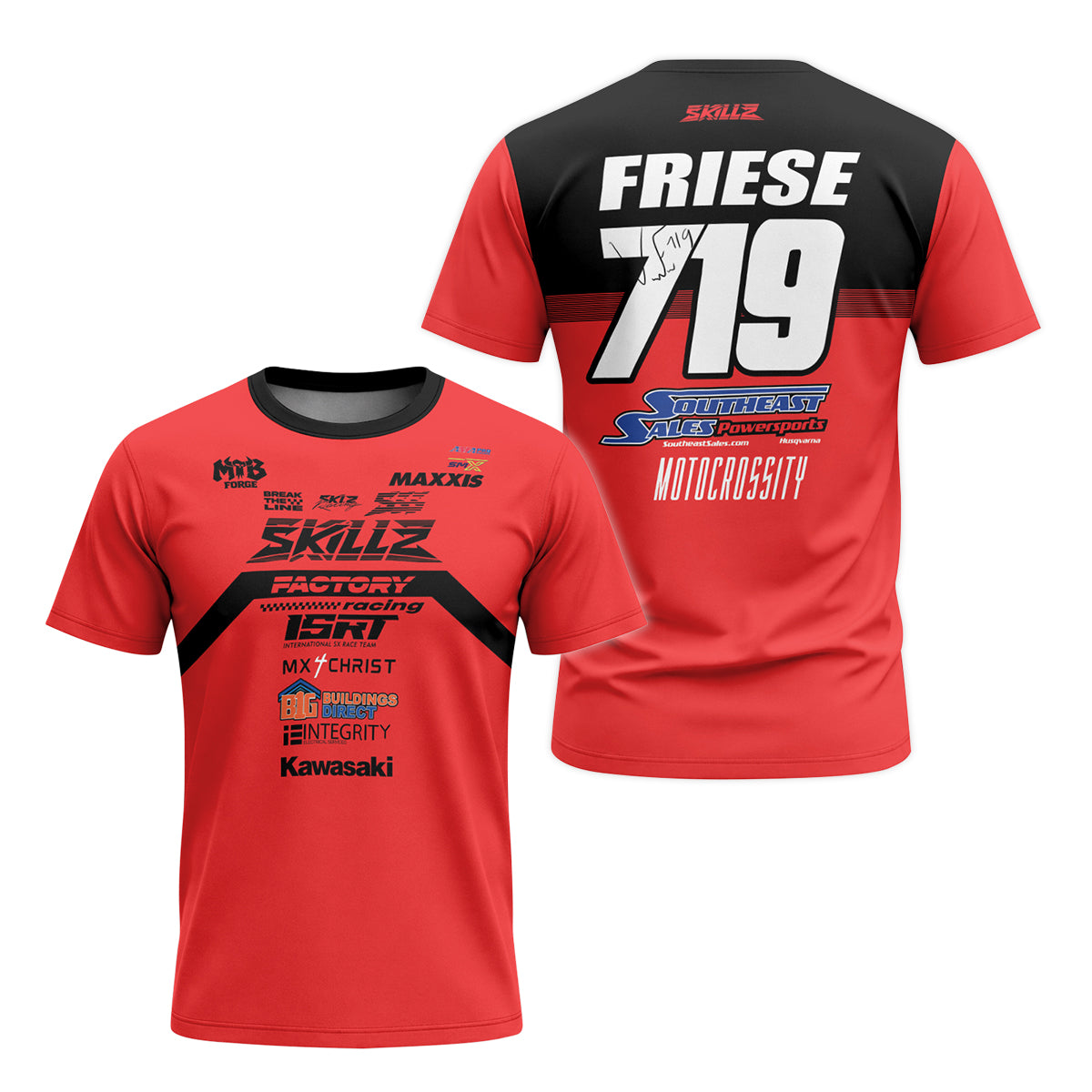 Friese #719 SKILZ Factory Racing Red Youth Short Sleeve Motocross Jersey – Front and Back View