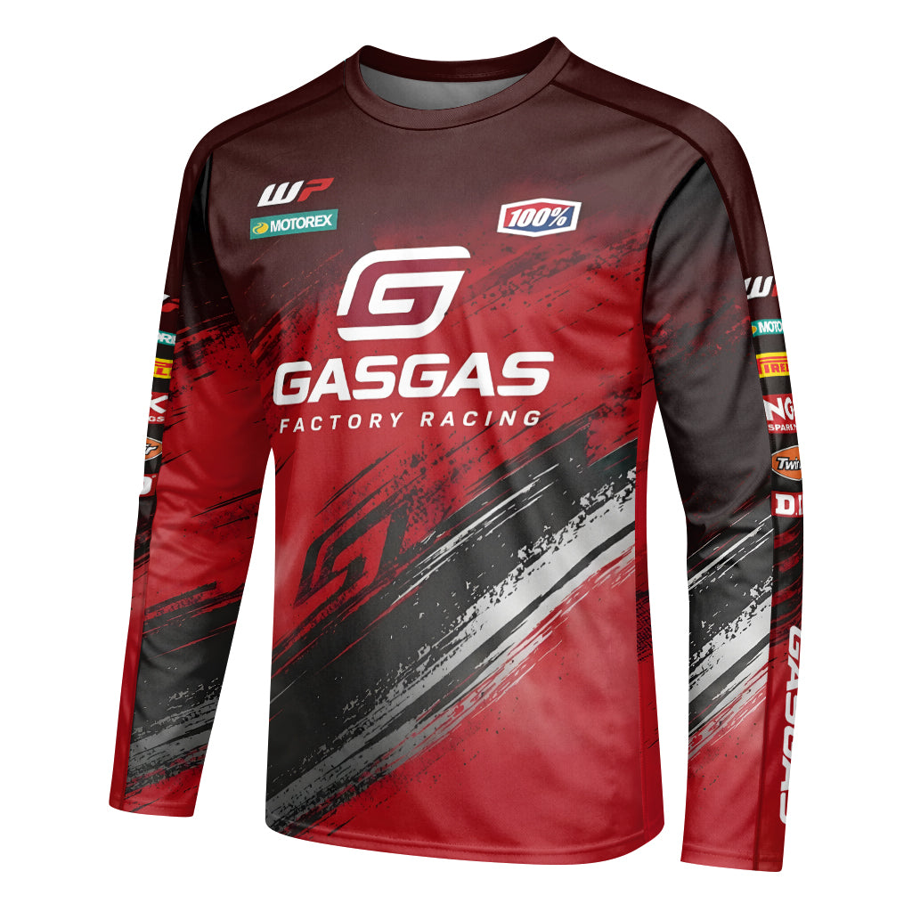 GASGAS Factory Racing Red Black Graphic Youth Long Sleeve Motocross Jersey – Left Side View Mockup