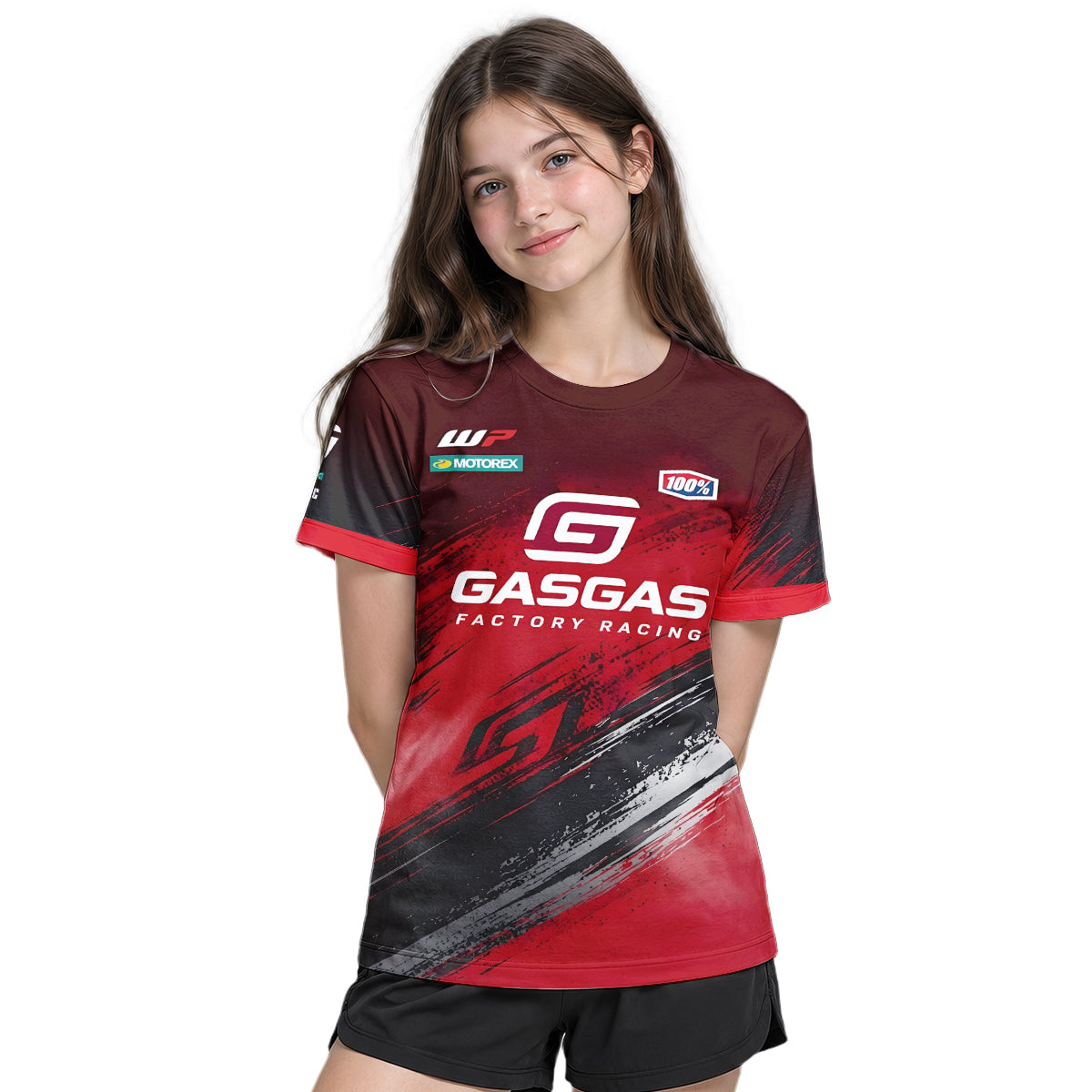 GASGAS Factory Racing Red Black Graphic Youth Short Sleeve Motocross Jersey – Girl Lifestyle View
