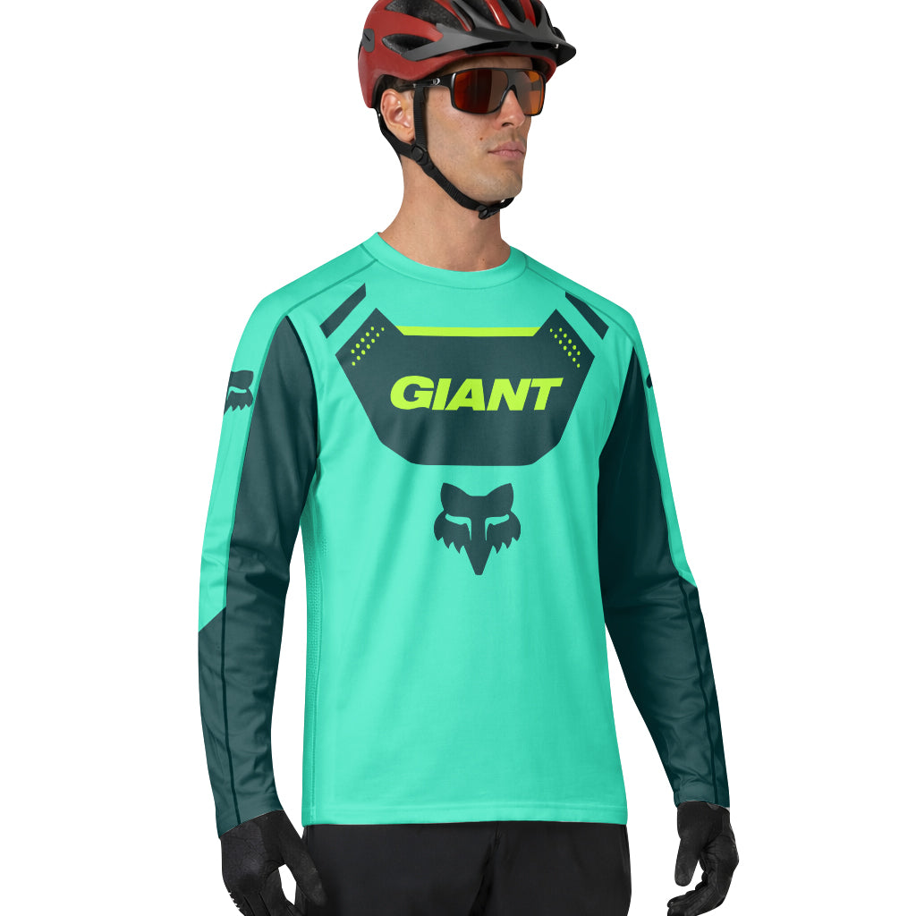 Giant Fox Aqua Neon Green Long Sleeve Mountain Bike Jersey - lifestyle view