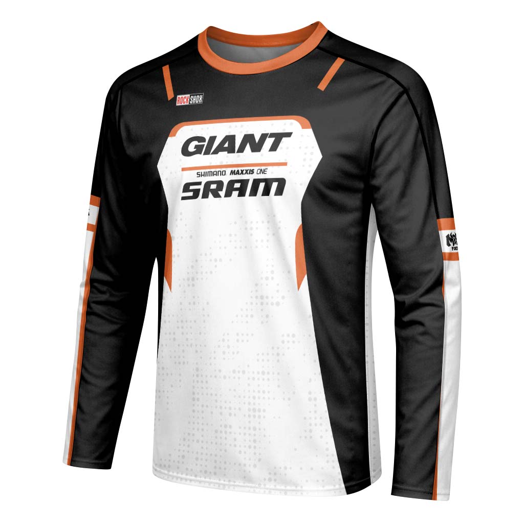 Giant SRAM Black White Orange Factory Long Sleeve Mountain Bike Jersey - left side mockup