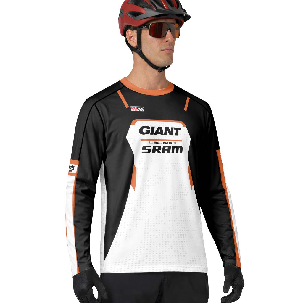 Giant SRAM Black White Orange Factory Long Sleeve Mountain Bike Jersey - lifestyle view