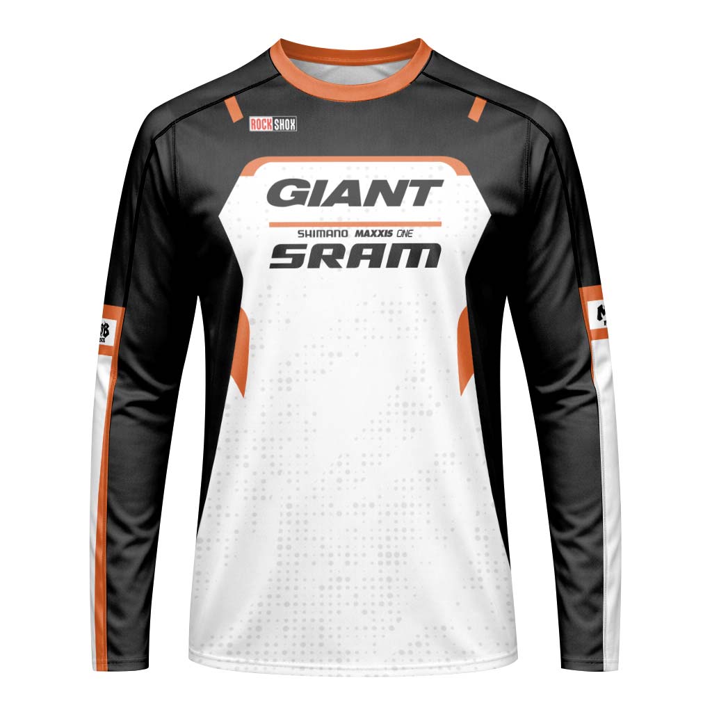 Giant SRAM Black White Orange Factory Long Sleeve Mountain Bike Jersey - front view mockup