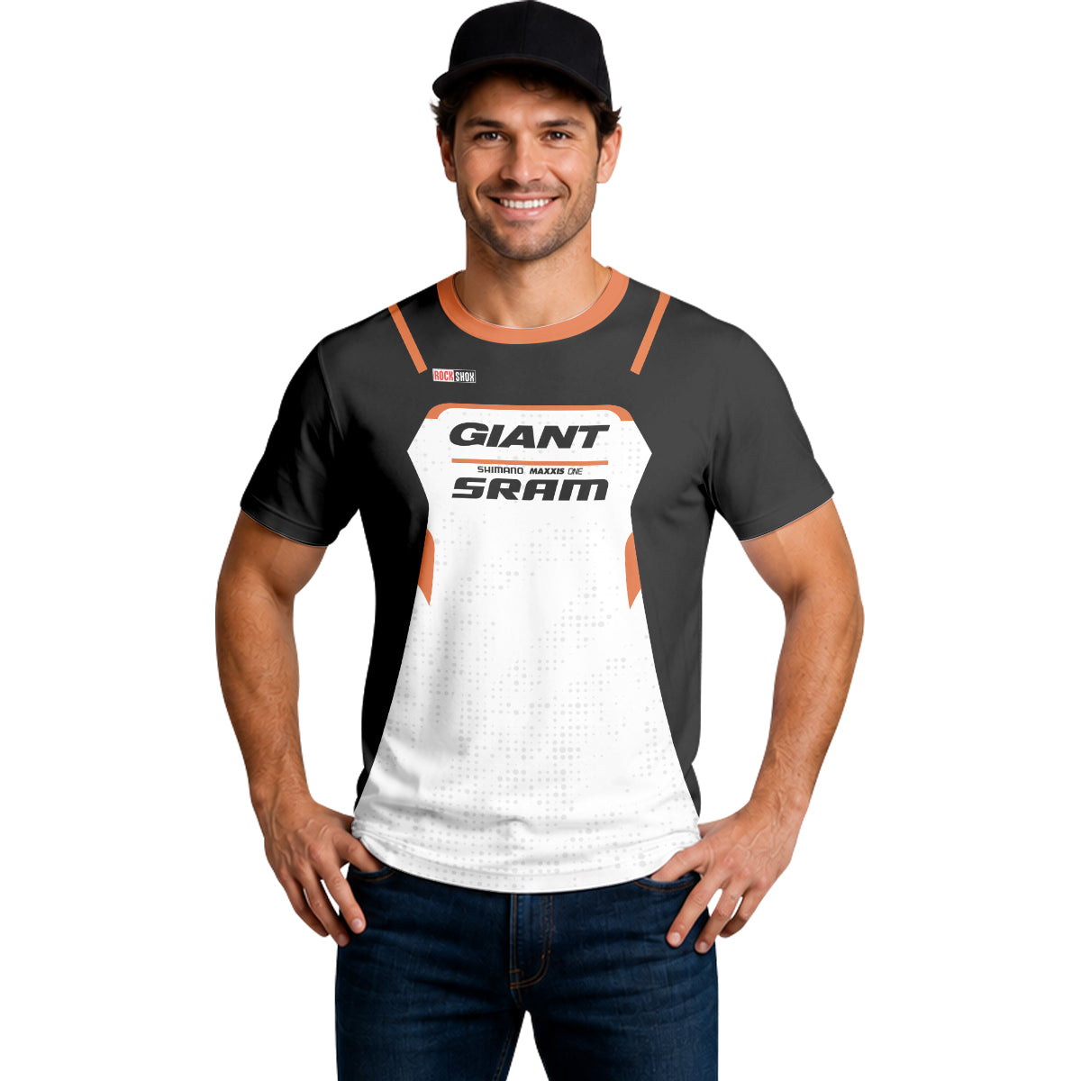 Giant SRAM Black White Orange Factory Short Sleeve Mountain Bike Jersey - lifestyle view