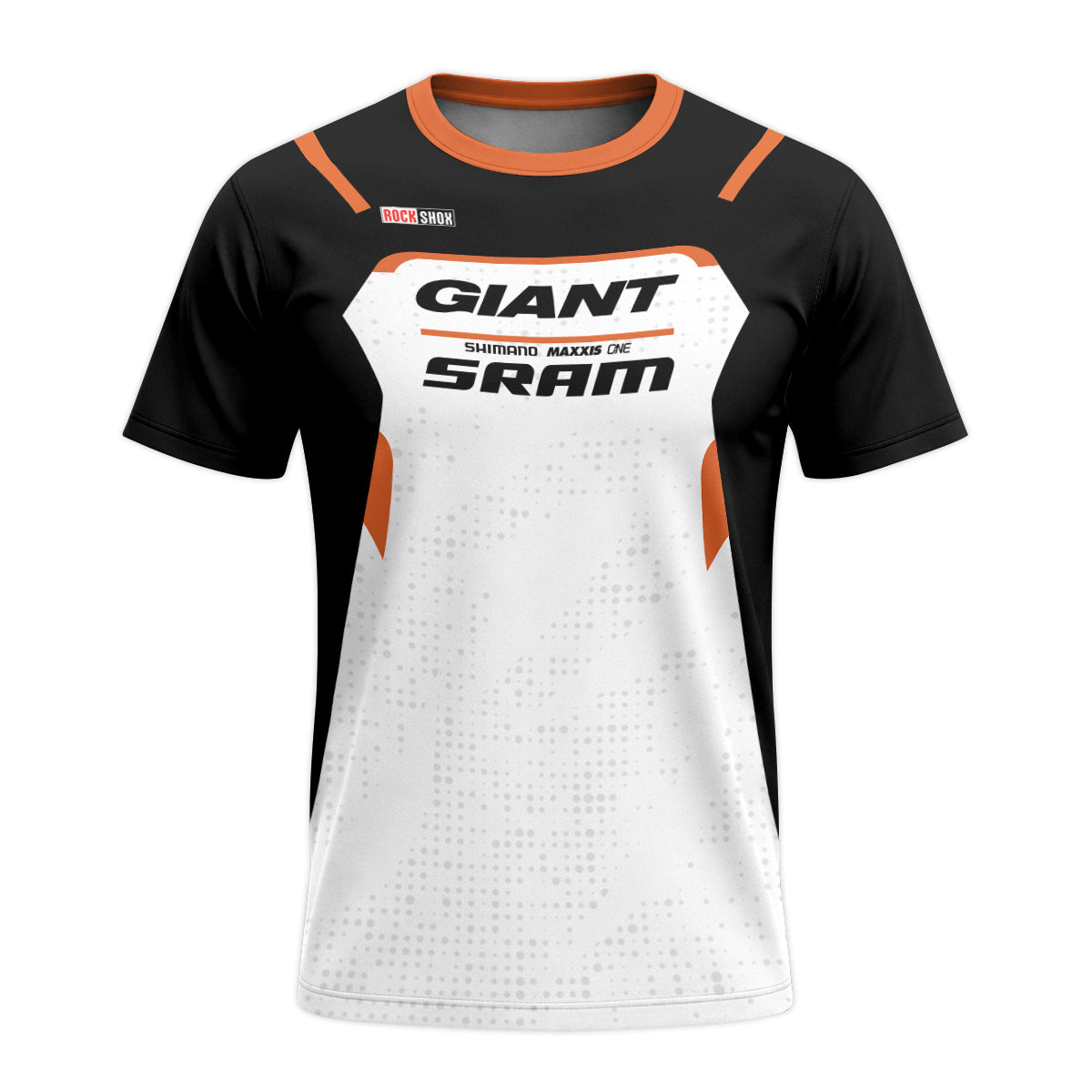 Giant SRAM Black White Orange Factory Short Sleeve Mountain Bike Jersey - front view mockup