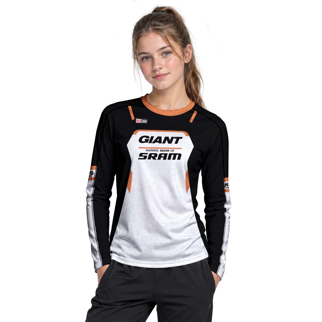 Giant SRAM Black White Orange Factory Youth Long Sleeve Mountain Bike Jersey – Girl Lifestyle View