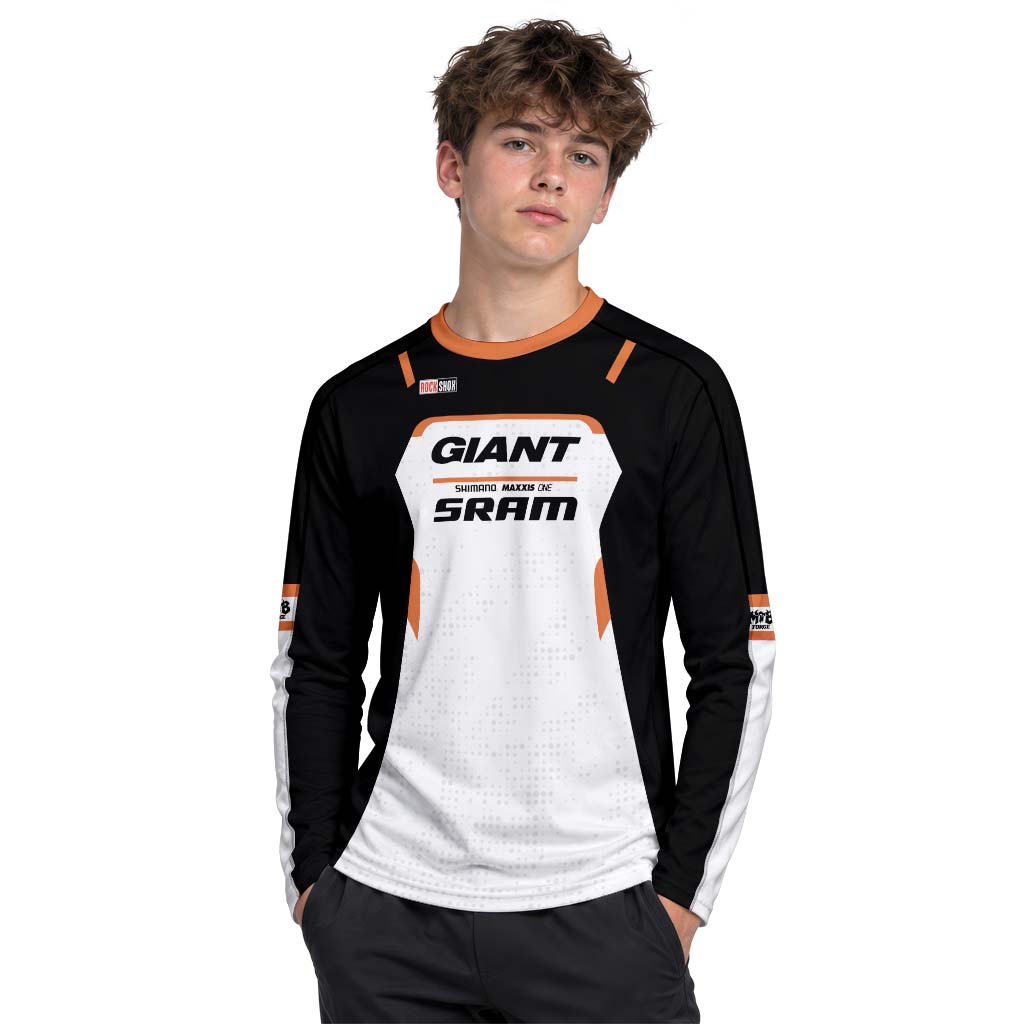 Giant SRAM Black White Orange Factory Youth Long Sleeve Mountain Bike Jersey – Boy Lifestyle View