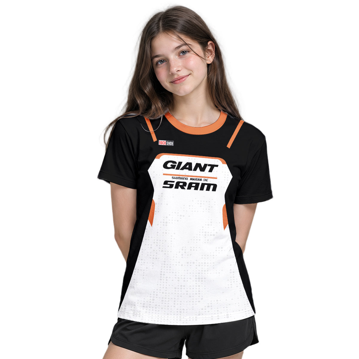 Giant SRAM Black White Orange Factory Youth Short Sleeve Mountain Bike Jersey – Girl Lifestyle View
