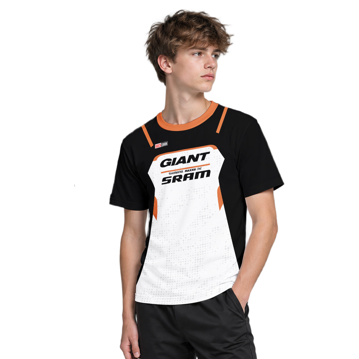 Giant SRAM Black White Orange Factory Youth Short Sleeve Mountain Bike Jersey – Boy Lifestyle View