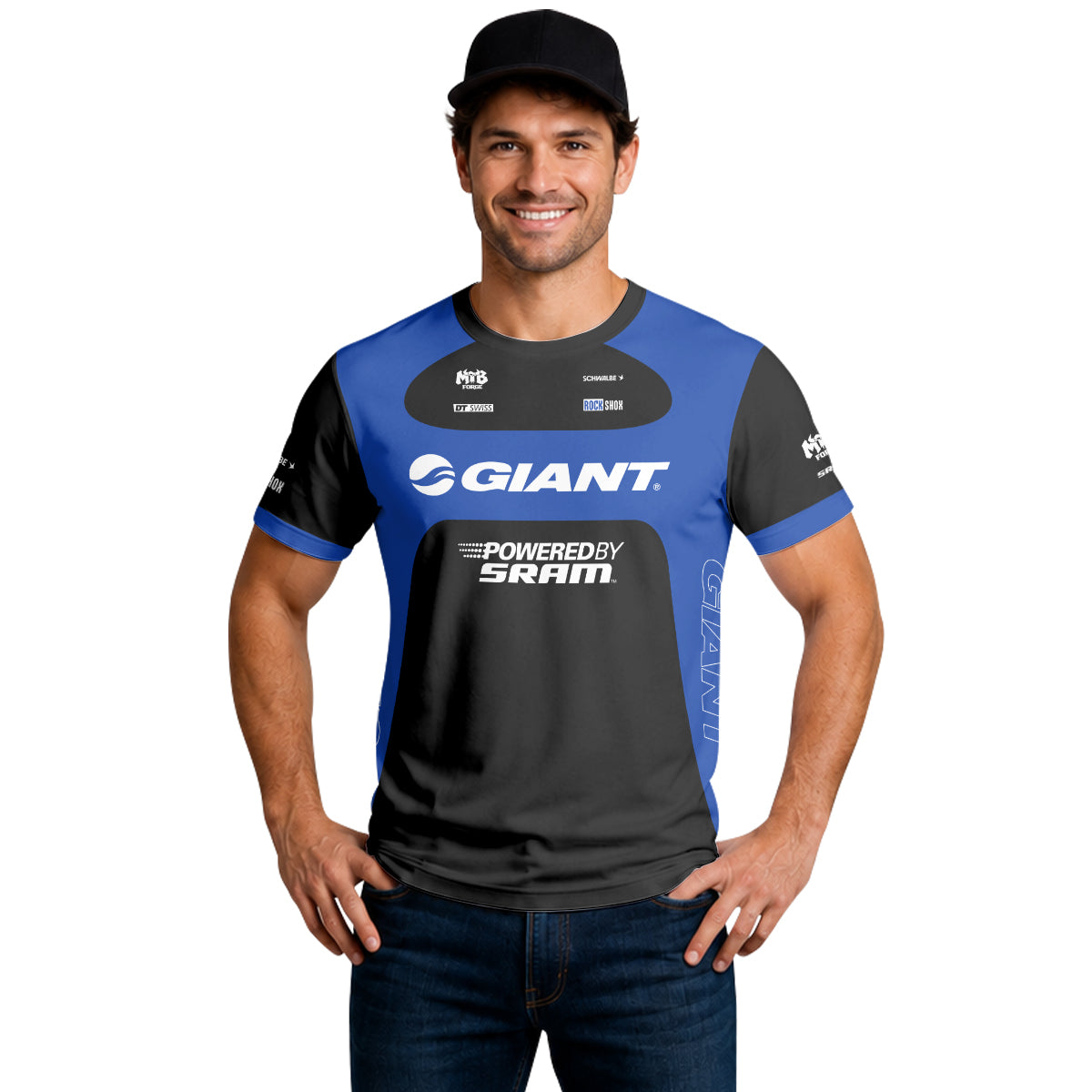 Giant SRAM Blue Black Factory Short Sleeve Mountain Bike Jersey - lifestyle view