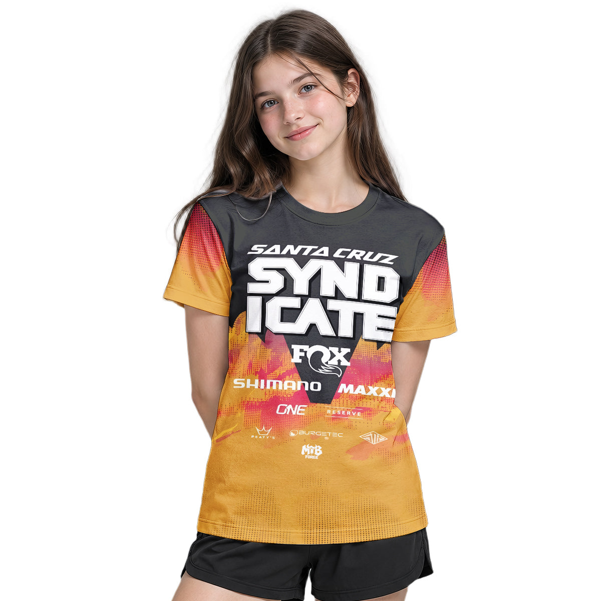 Goldstone #6 Santa Cruz Syndicate Youth Short Sleeve Mountain Bike Jersey – Girl Lifestyle View