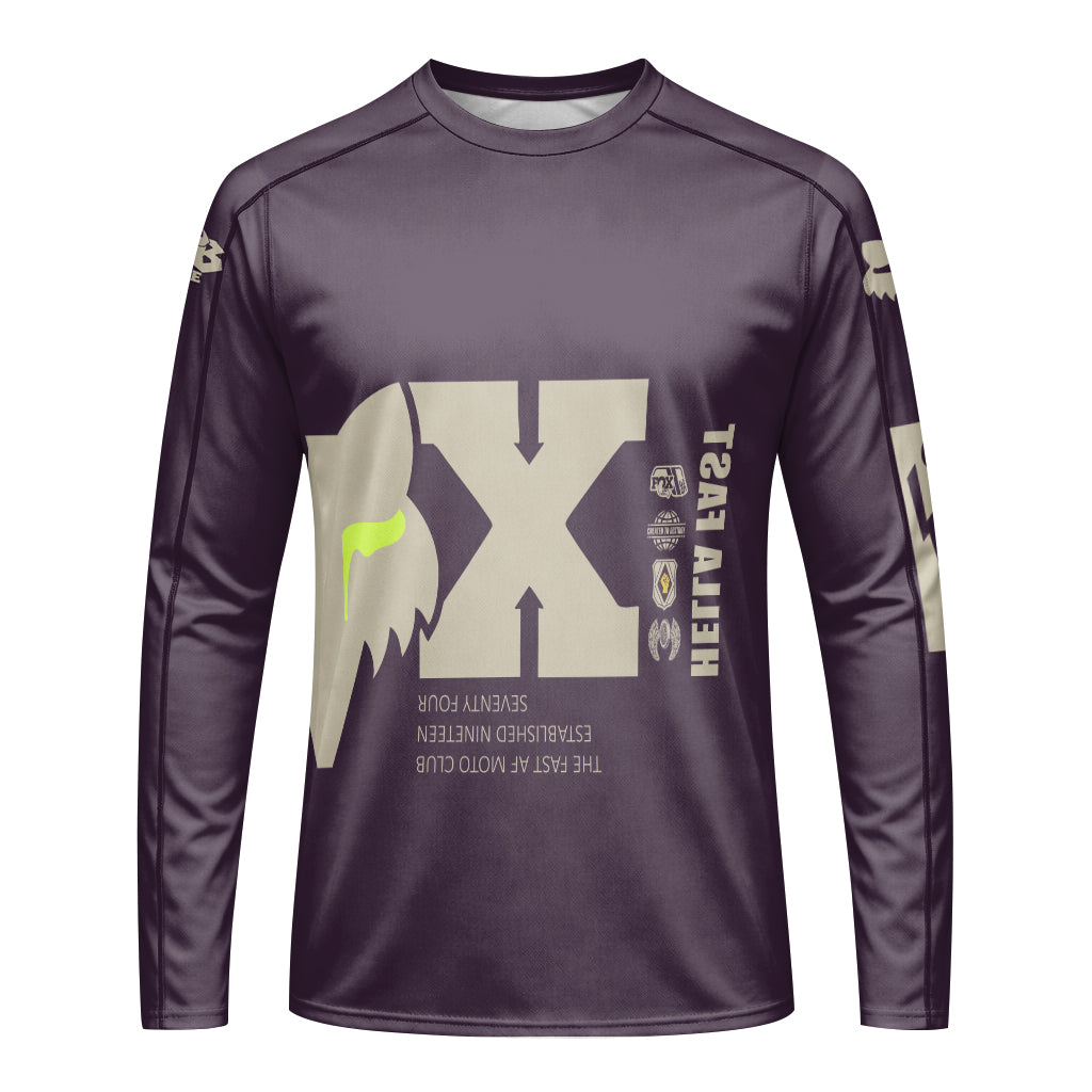Hella Fast Purple Neon Checkered Long Sleeve Motocross Jersey - front view mockup