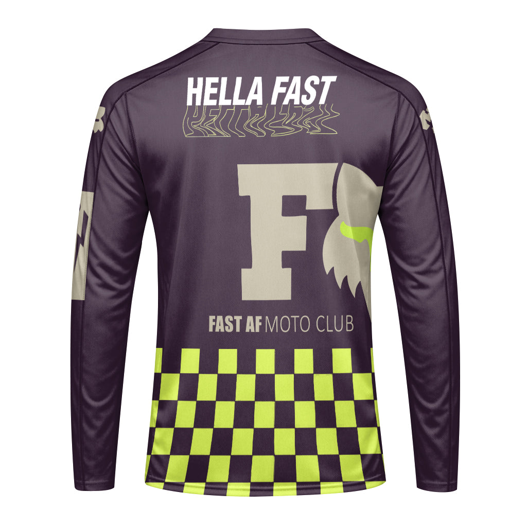 Hella Fast Purple Neon Checkered Long Sleeve Motocross Jersey - front view mockup