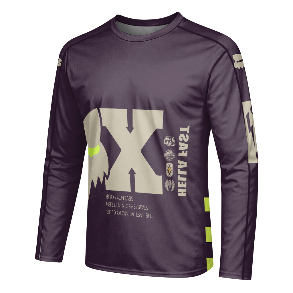 Hella Fast Purple Neon Checkered Long Sleeve Motocross Jersey - left side mockup