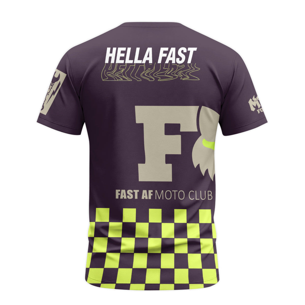Hella Fast Purple Neon Checkered Short Sleeve Motocross Jersey - back view mockup