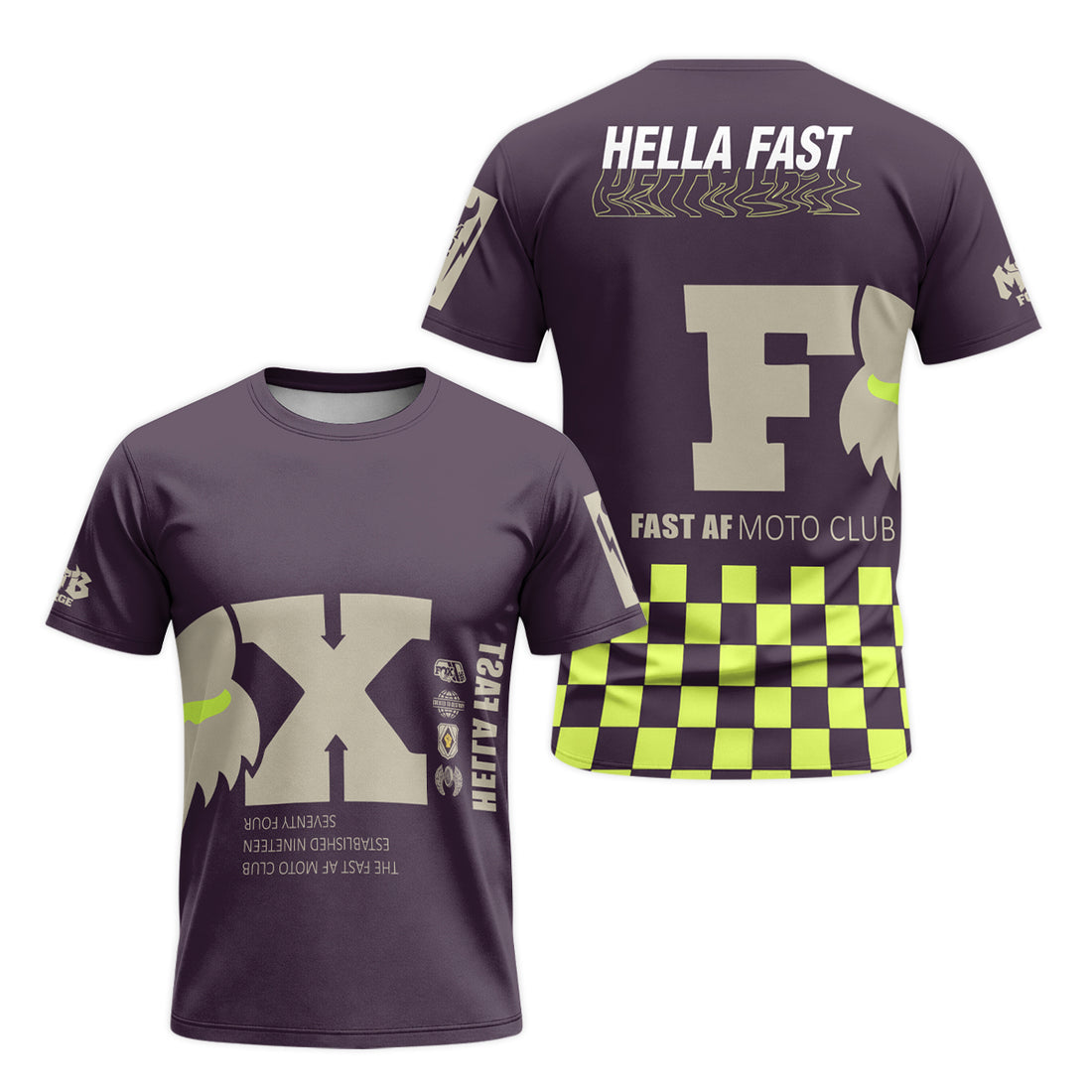 Hella Fast Purple Neon Checkered Short Sleeve Motocross Jersey - front and back view