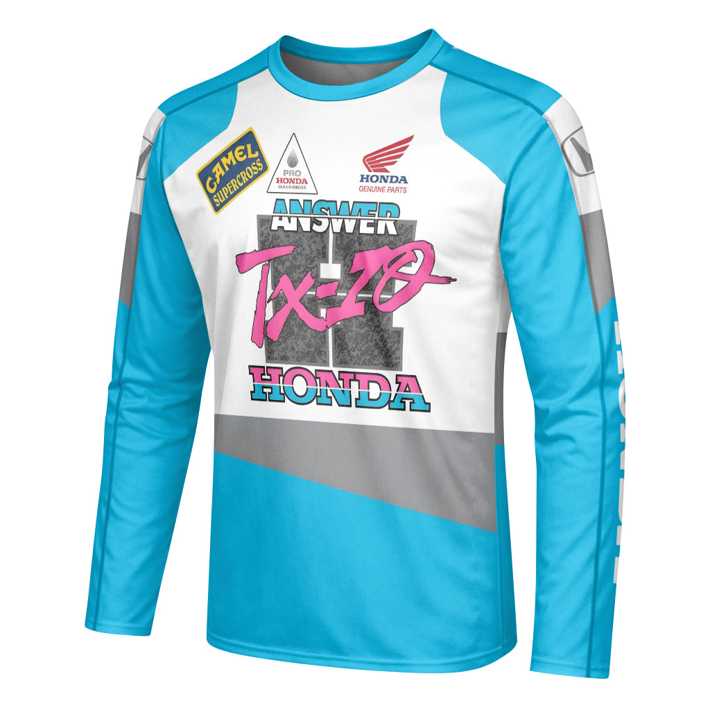 Honda Answer Trix-Z Retro Blue Long Sleeve Motocross Jersey – Left Side View Mockup