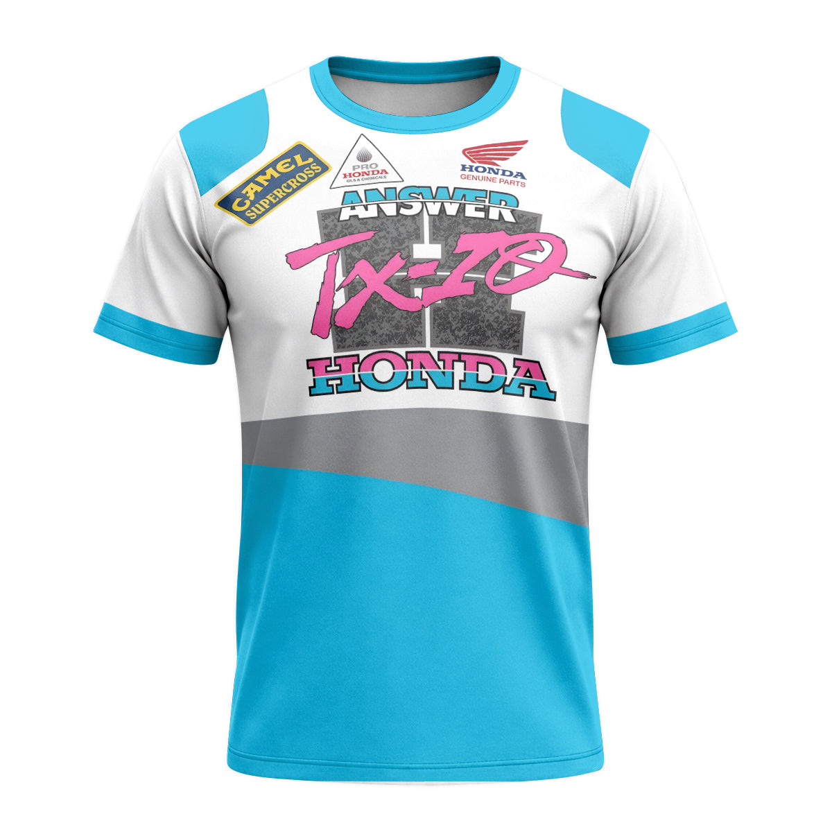 Honda Answer Trix-Z Retro Blue Short Sleeve Motocross Jersey – Front View Mockup