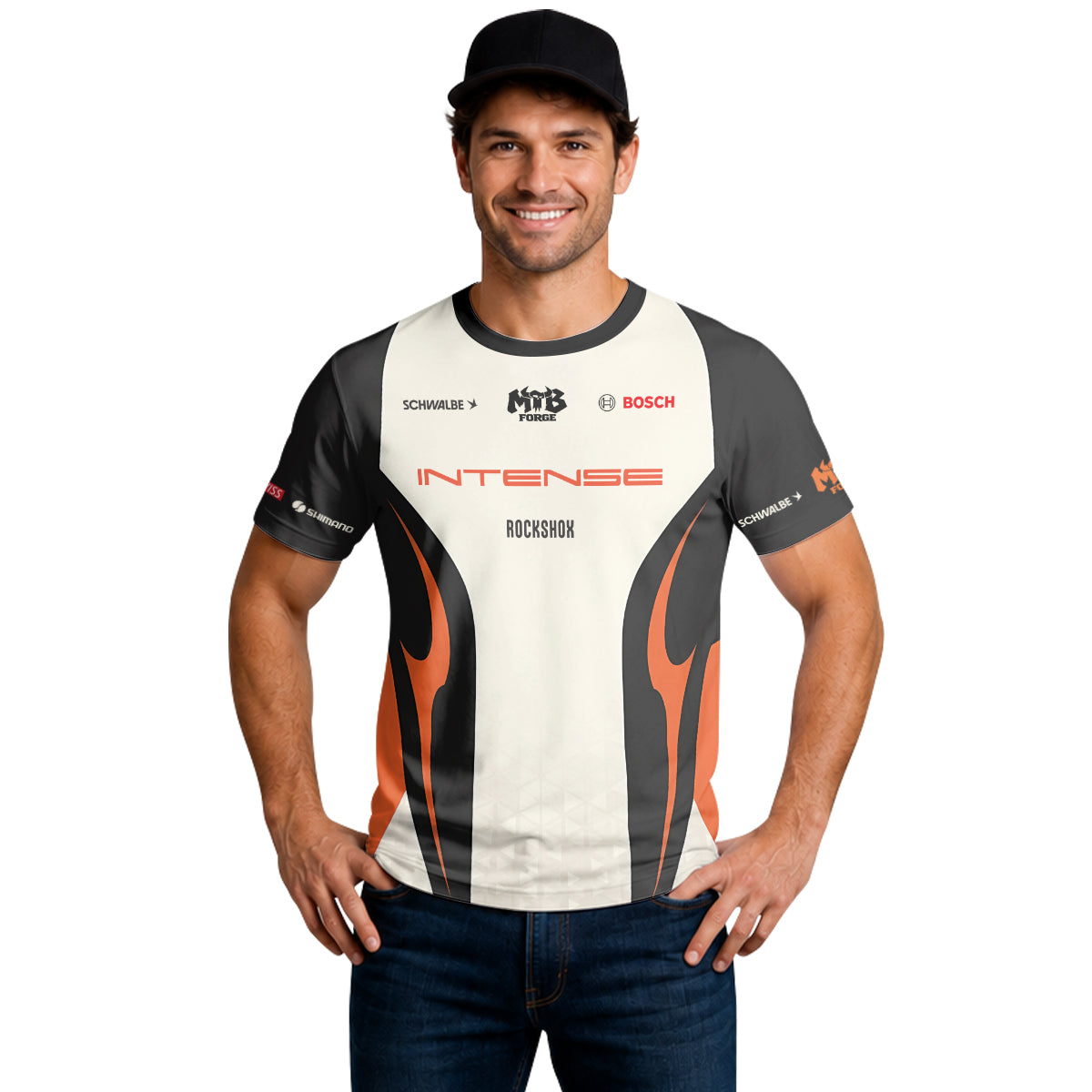 Intense Cream Black Orange Short Sleeve Mountain Bike Jersey - lifestyle view