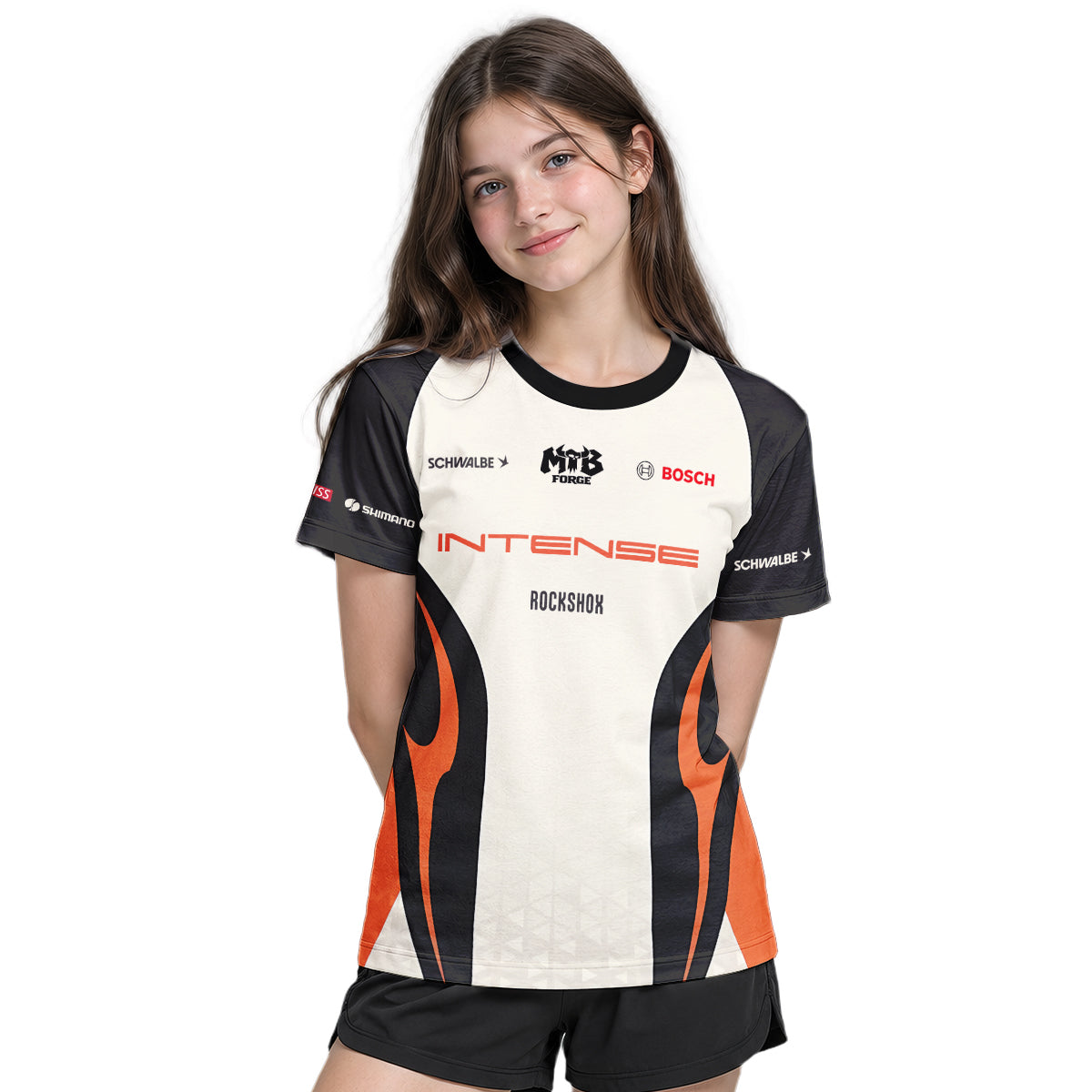 Intense Cream Black Orange Youth Short Sleeve Mountain Bike Jersey – Girl Lifestyle View