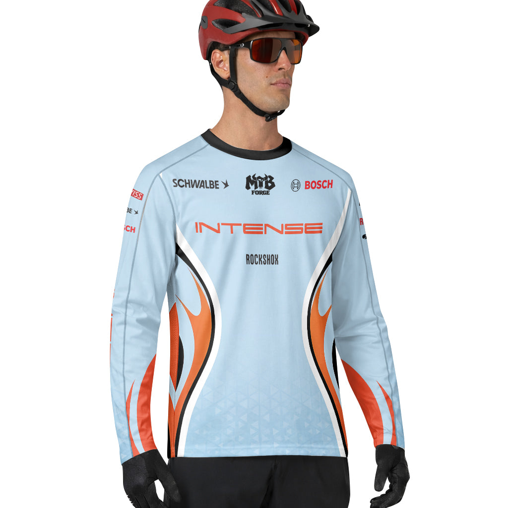 Intense Light Blue Orange Long Sleeve Mountain Bike Jersey - lifestyle view