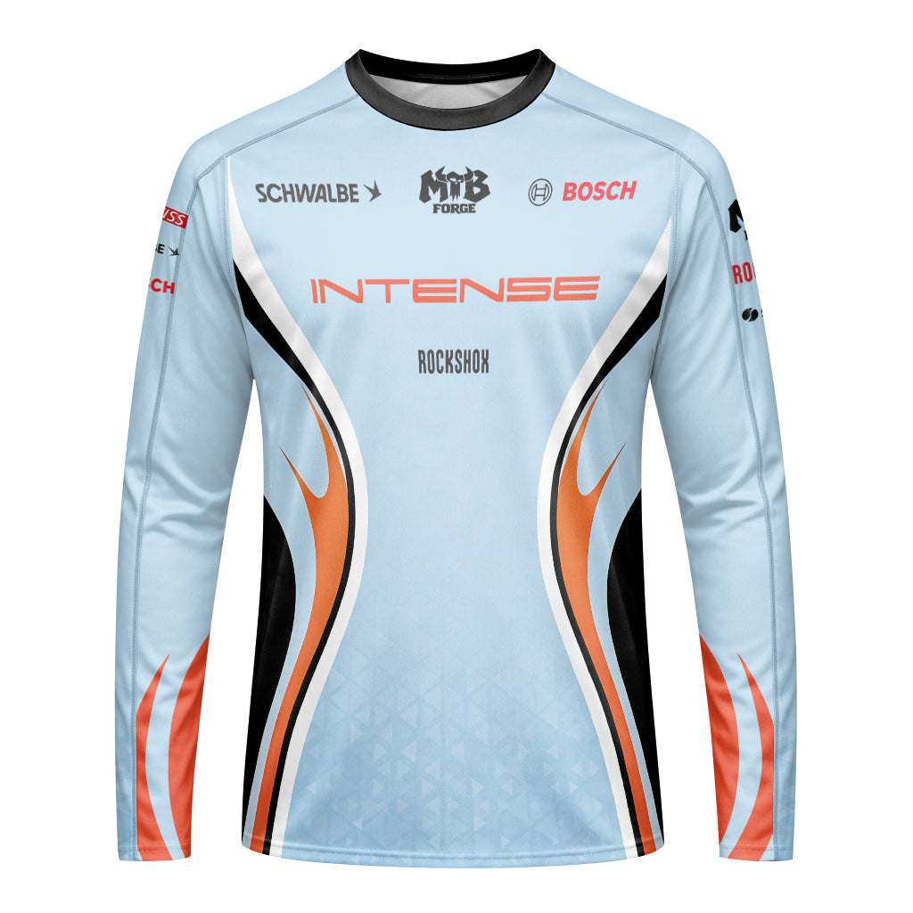 Intense Light Blue Orange Long Sleeve Mountain Bike Jersey - front view mockup