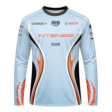 Intense Light Blue Orange Long Sleeve Mountain Bike Jersey - front view mockup