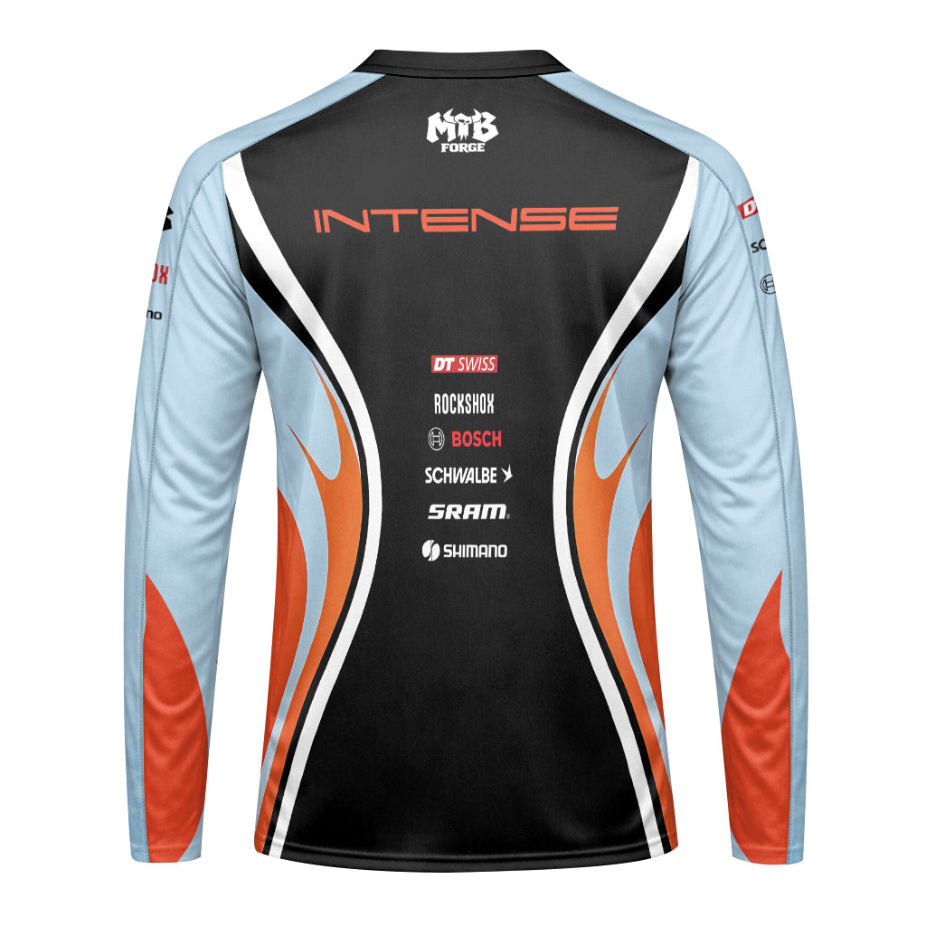 Intense Light Blue Orange Long Sleeve Mountain Bike Jersey - back view mockup