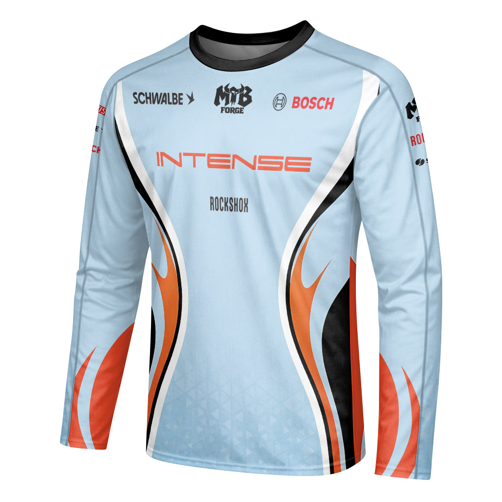 Intense Light Blue Orange Long Sleeve Mountain Bike Jersey - left side mockup
